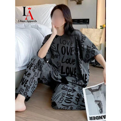 Charcoal Drop Shoulder Printed Night Suit