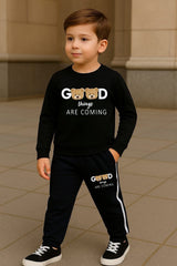 Good Things Are Coming Printed Black Track Suit for Kids