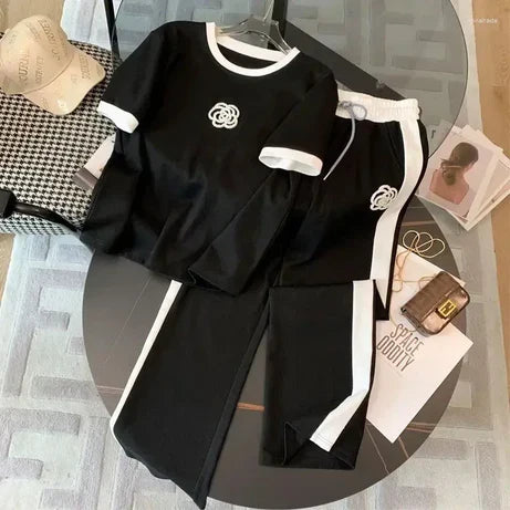 Flower Style Track Suit (Black) – Round Neck Half Sleeves T-Shirt and Trouser Suit for Women