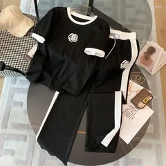 Flower Style Track Suit (Black) – Round Neck Half Sleeves T-Shirt and Trouser Suit for Women