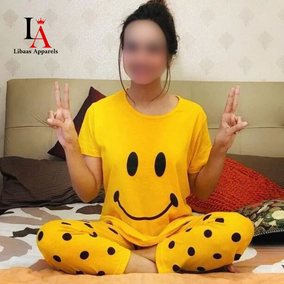 Yellow Smiley Printed Night Suit