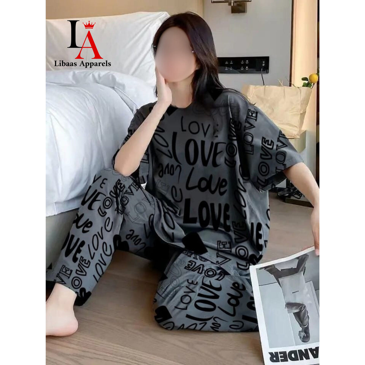 Charcoal Drop Shoulder Printed Night Suit