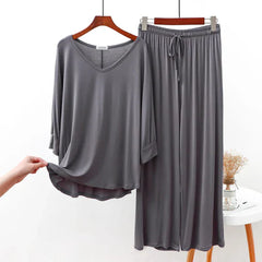 Plain Gray V-Neck with Plazzo Pajama Full Sleeves Suit