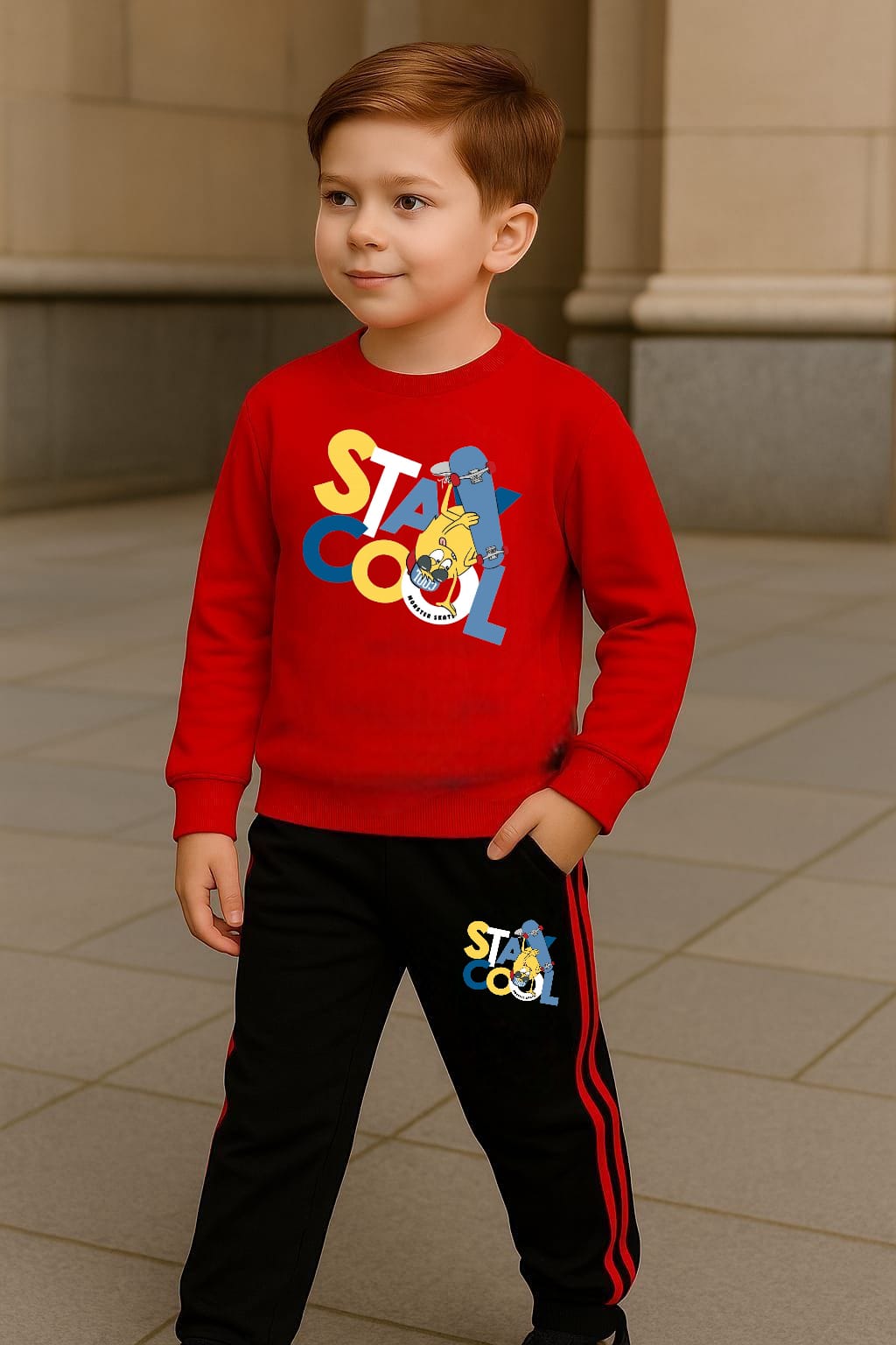 Stay Cool Printed Red Track Suit for Kids