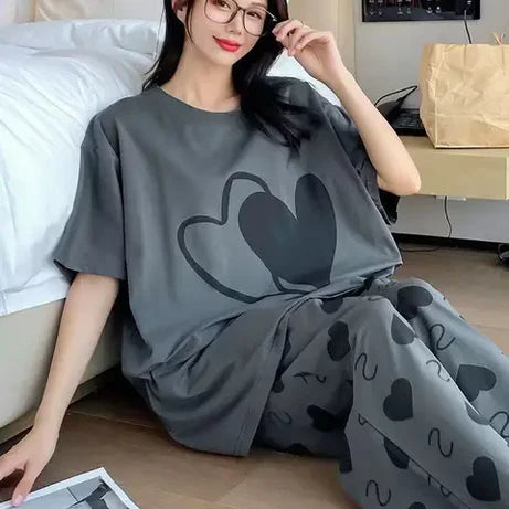 Big Hearts Printed PJ Suit Full Sleeves (Grey)