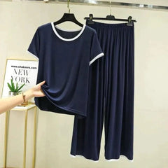 Plain Blue Tshirt With White Round Neck And PLazo Pajama (Half Seeleve)