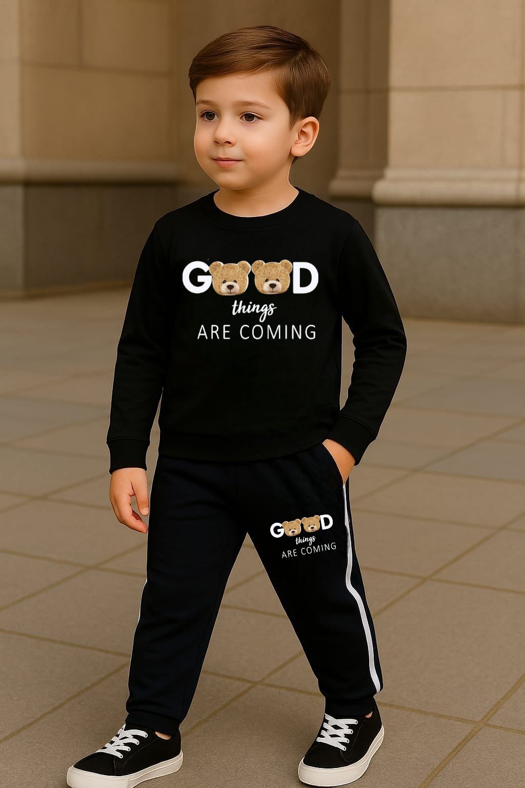 Good Things Are Coming Printed Black Track Suit for Kids