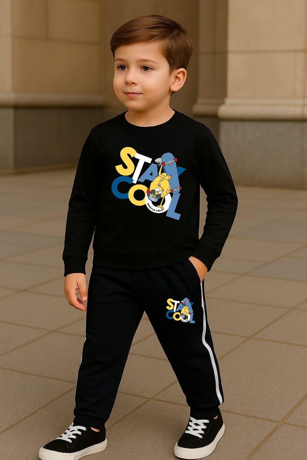 Stay Cool Printed Black Track Suit for Kids
